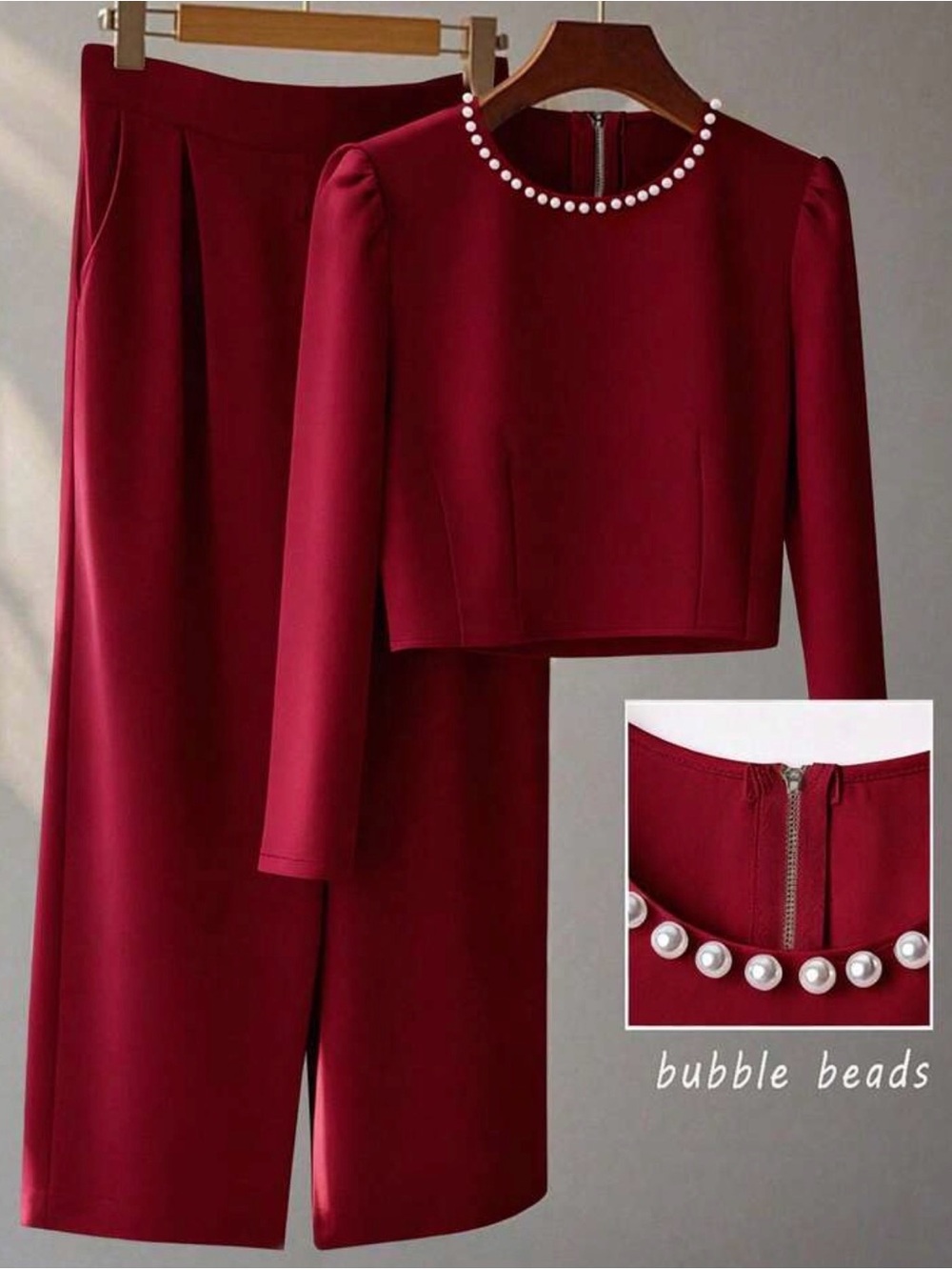 Women's Burgundy Two-Piece Pearl-Trim Top and Skirt Set